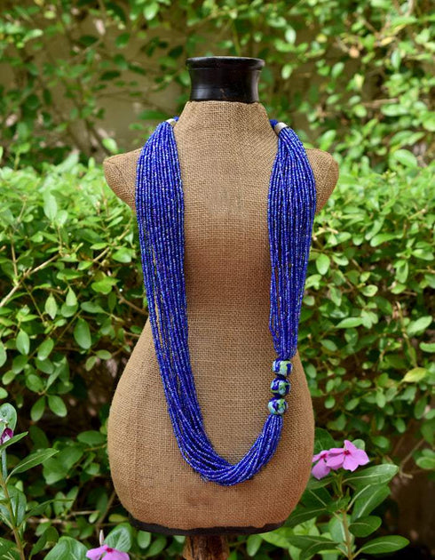 Blue Pottery Three Bead Side Necklace In Blue